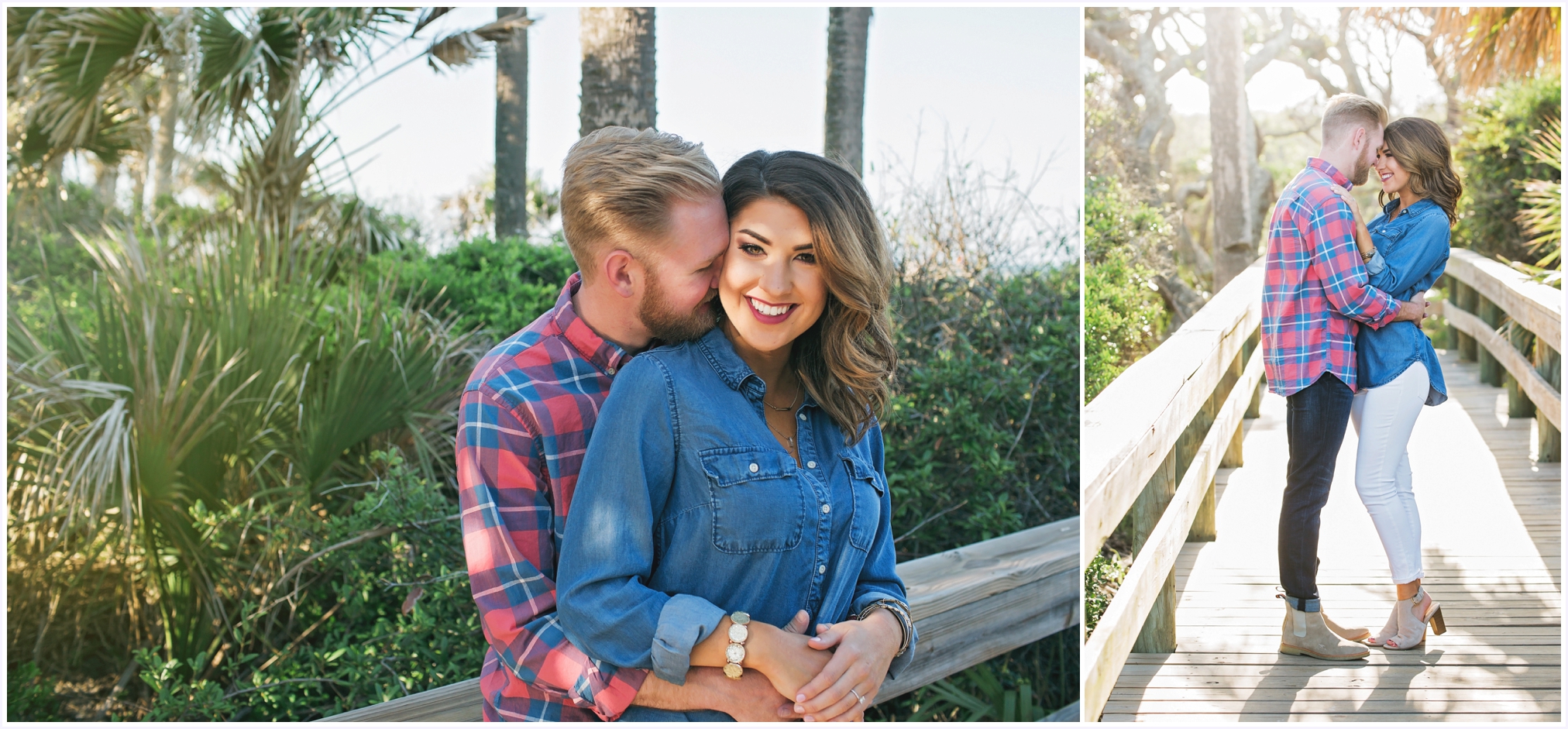 Jen and Alex standing on bridge smiling | Angelface Photography North Florida Engagement Session at Hanna Park