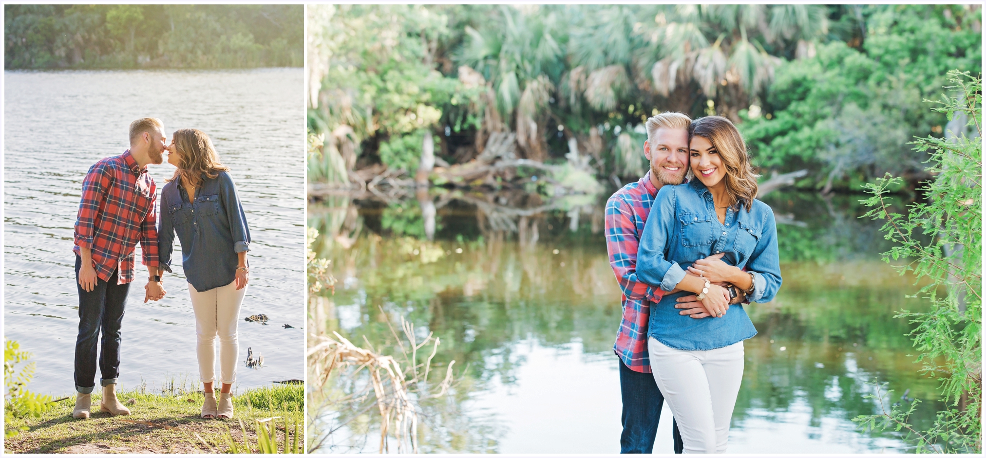 Smiling couple standing near pond | Angelface Photography North Florida Engagement Session at Hanna Park