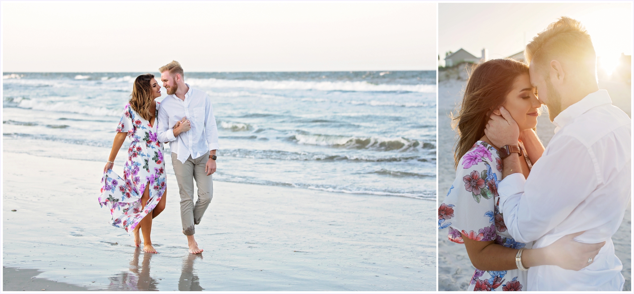 Jen and Alex walking on beach at sunset | Angelface Photography North Florida Engagement Session at Atlantic Beach